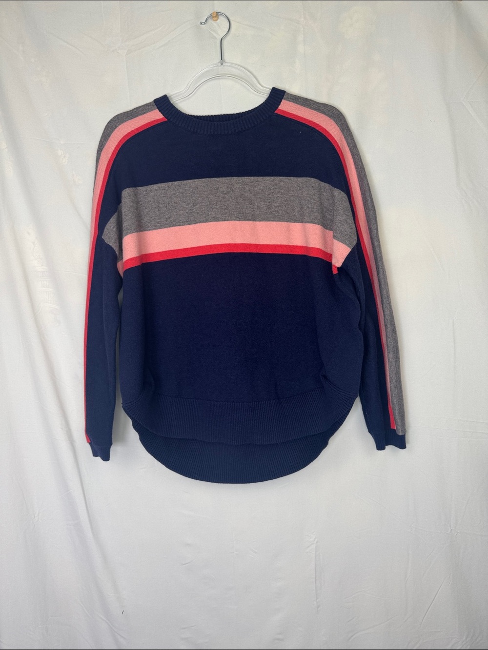 THML Navy Crew Sweater with Pink and Gray Stripe Accents